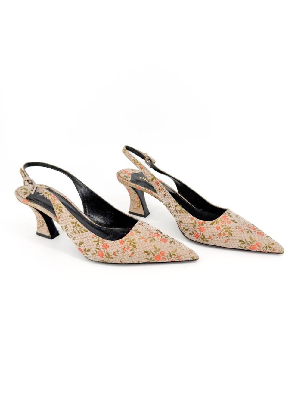 Prada Floral Embroidered Brocade Slingback Pumps Heels Beige Size 39 US 9